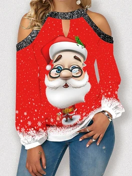  Sonbahar kadın Yeni Baskı Noel Uzun Kollu t-Shirt Moda Dikiş O Boyun Seksi Kapalı Omuz Noel Baba 5XL TopS