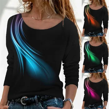  Kadın 2022 Yeni Gevşek Moda Geometrik Desen baskılı tişört Rahat Yuvarlak Boyun Uzun Kollu Zarif Tişört Giyim
