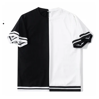  210G Pamuklu erkek tişörtü Çift Yaz Moda Siyah Beyaz Çizgili Patchwork O-Boyun Kazak Tee Klasik Rahat Kısa Kollu Üstleri