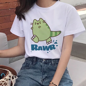  90s Yaz Harajuku Ullzang Komik Üst Kadın TShirt Komik Kawaii Kedi Baskı Kadın T-shirt Elbise O-Boyun Bayanlar Tees Tops gömlek