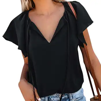 Yaz Rahat V Boyun fırfırlı gömlek Kadın Moda dantel-Up T-Shirt Siyah S Boyutu