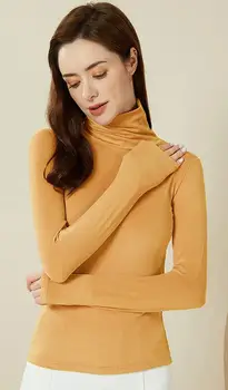  Bahar yeni ipek kaşmir protein kadın yüksek boyun dipleri Duı yaka düz renk uzun kollu tişört dış üst İnce iç çamaşırı