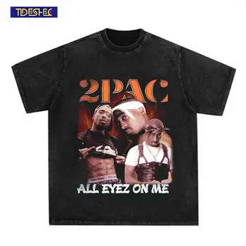  Vintage Kaya Hip Hop Erkekler Kadınlar Tees Tops Vintage Yıkanmış Pamuk 2pac Rapçi Portre baskı T-shirt 2023 Yaz Streetwear T-shirt