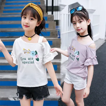  Kızlar yaz kısa kollu Trompet kollu T - Shirt işlemeli çiçekler gevşek pamuklu tişört
