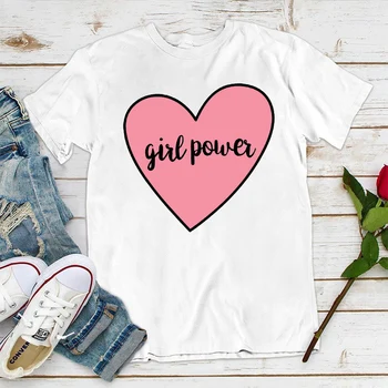  Kız Güç Baskı T Shirt Büyük Boy Üst 2022 Yeni Popüler Kadın Giysileri Beyaz Kısa Kollu Kawaii Desen Giyim Kadınlar İçin