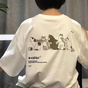  hahayule Karikatür Sevimli Kedi grafikli tişört kısa kollu tişört Bayan Japon Taze Çift Y2k Üstleri Estetik Elbise Harajuku