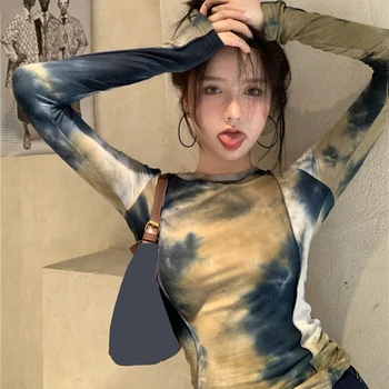  Seksi Harajuku İnce T Shirt Kadın Kravat Boya Baskı Uzun Kollu Üstleri Kore Tarzı Tişörtleri Vintage Streetwear Sıska Tee Üst