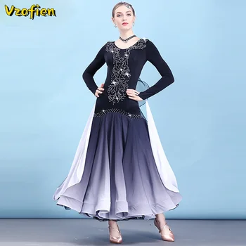  Vals Modern Dans Performansı Kostümleri Uzun Kollu Foxtrot Elbiseler Rumba Rekabet Giyim Kız Balo Salonu Standart Elbise
