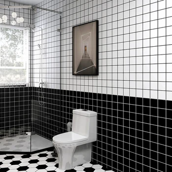  Modern banyo duvar çıkartmaları su geçirmez tuvalet tuvalet siyah ve beyaz kafes kendinden yapışkanlı duvar kağıdı soyma ve yapıştırma