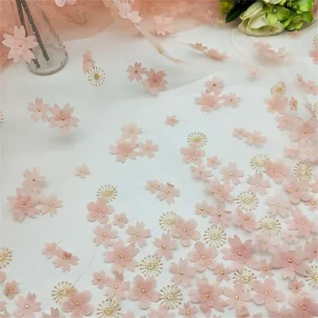  Lüks Şeftali Pembe Saten 3D Çiçekler İşlemeli Tül Dantel Kumaş Altın Sınır Trim düğün elbisesi, Couture abiye, dans Balo