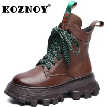  Koznoy Yeni kadın Çizmeler 5 cm Hakiki Deri Kama Ayak Bileği Etnik ZİP Platformu Sıcak Kış Peluş Moccasins Sonbahar Bahar Ayakkabı