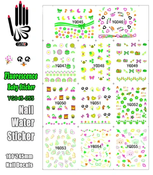  11 Sheets / Lot Tırnak Su YG045-055 Floresan Karışık Bebek Tasarımları Nail Art Sticker Su Manikür Çıkartmaları (11 tasarımlar 1)
