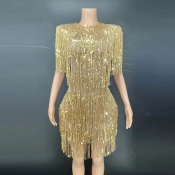  Kadın Parti Gece Kulübü doğum günü partisi elbisesi Performans Gösterisi Sahne Giyim Seksi Parlayan Altın Saçak Elbise Latin Dans Püskül Elbise