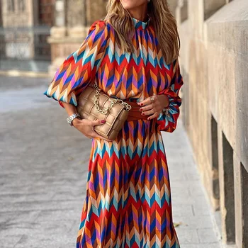  2022 Yeni yüksek kaliteli yay Yüksek Boyun 3/4 Kollu Vintage baskılı uzun elbise Kadın Moda Elbiseler Bohemian Desen Vestidos Robe