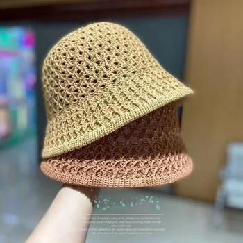  2022 Yeni Hollow Out Disket Üst Kova Şapka Düz Renk El Yapımı Tığ Yaz Kadın güneş şapkaları Geniş Ağız Katlanabilir Kubbe Plaj Kap