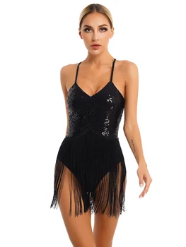  Bayan Latin Dans Elbise Glitter Sequins Saçaklı Bodysuit V Boyun Püskül Leotard Dans Giyim Caz Samba Tango Performans Kostüm