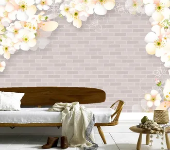  Özel 3D duvar resimleri, Zarif Kiraz Çiçeği tuğla desen papel de parede, otel oturma odası kanepe TV yatak kağıdı