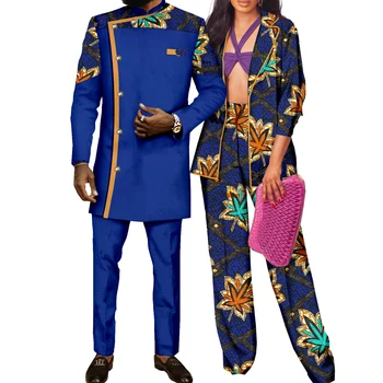  Afrika Çiftler Kadınlar Baskı Balmumu Pamuk Moda Patchwork Sıcak Elbise & Erkekler 2 Parça Gömlek ve Pantolon Setleri