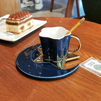  Yaratıcı Sevimli Kupa Ay Yıldız Tabağı Zarif Espresso Seramik Kahve Fincanı Tazas Öğleden Sonra çay seti Parti Çay Fincanı Ev Drinkware