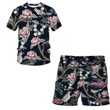  Çiçek, kuş ve bitki çizim çocuk Kısa Kollu Takım Elbise 3D Baskı Erkek / Kadın Rahat Moda Şort + t-Shirt