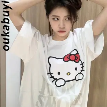  Sanrios Hello Kittys Pamuk Kısa Kollu Anime Kawaii Mektup Baskı Karikatür T-Shirt Yaz Gevşek Kolej Tarzı Ceket