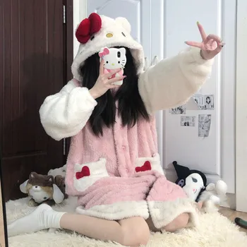  Kawaii Snrio HelloKitty Pijama Kız Kış Giysileri Sevimli Öğrenci Yurdu Mercan Kadife Kalınlaşmış Pijama Anime Aksesuarları