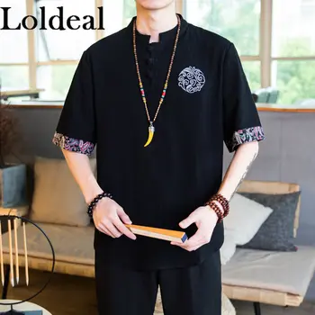  Loldeal Çin Tarzı kısa kollu tişört erkek İnce Standı Yaka Nakış Pamuk ve Keten Rahat