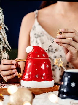  Noel Şapka kapaklı kupa Seramik Kahve Fincanı Çift içme bardakları Tazas Ofis Öğleden Sonra Çay Partisi Ev Drinkware Hediyeler