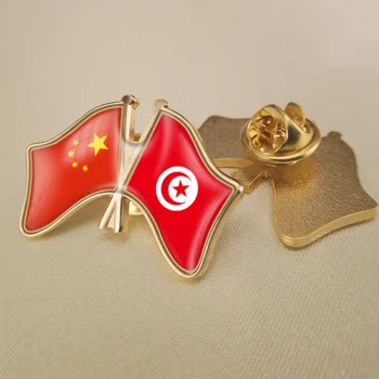  Çin ve Tunus Çapraz Çift Dostluk Bayrakları Yaka İğneler Broş Rozetleri