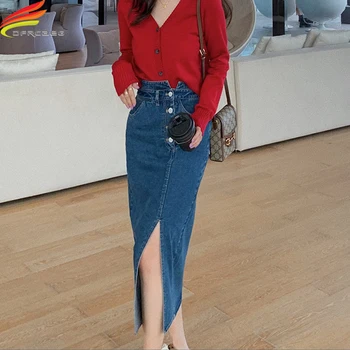  Yeni 2021 Yaz Yüksek Tomurcuk Bel Kadınlar Uzun Kot Etek Cepler Mavi Yarık Bir Çizgi Kot Etekler Streetwear Tek Düğmeler Saia Kot