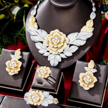  KellyBola Marka Mağaza Yüksek Kalite Lüks Zarif Çiçekler Yapraklar Zirkonya kadın Düğün dubai mücevher seti