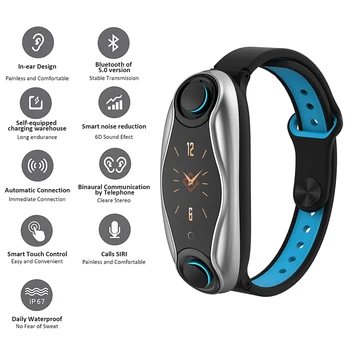  Giyilebilir 2 in 1 akıllı bilezik kablosuz bluetooth kulaklık Combo Koşu Müzik Bileklik Kulaklık Kalp Hızı Kan Basıncı