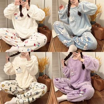  2023 Sonbahar / kış Hello Kitty Yeni Mercan Polar Pijama kadın Kalın Sıcak Sevimli Tatlı Pazen İns Rahat Çift Gecelik Pijama