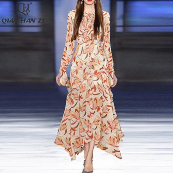  Qian Han Zi Moda Tasarımcısı Pist Asimetrik Baskı Maxi elbise Kadın eşarp yaka Tek Göğüslü Tatil vintage uzun elbise