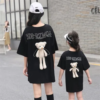  Kısa kollu Anne Kızı Geri Ayı T-Shirt Elbiseler Aile Yaz Giyim Yetişkin Çocuklar Beyaz Siyah Gömlek Tops Elbise
