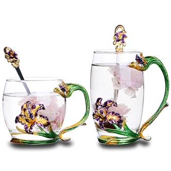  Iris çiçek emaye cam bardak aplike ısıya dayanıklı cam çay bardağı kahve bardağı Düğün hediyesi Aile ofis drinkware hediye kutusu