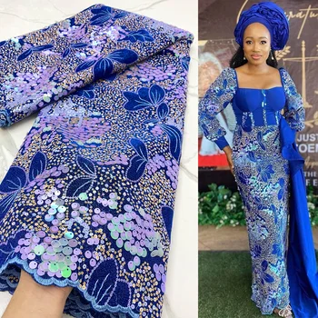  Lüks Afrika Kadife Dantel Kumaş 5 Yards Nijeryalı Nakış Pullu Dantel Kumaş İçin Parti düğün elbisesi Kadın Fransız Dantel Kumaş