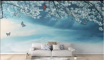  Özel duvar 3d fotoğraf duvar kağıdı Mavi kiraz çiçeği kelebek doğal manzara oturma odası Ev dekor duvar kağıdı duvar 3 d