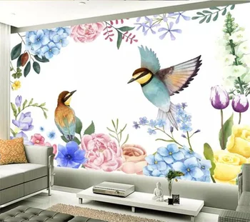  Özel duvar kağıdı 3d Avrupa küçük taze suluboya çiçekler ve kuş çocuk odası arka plan duvar resmi duvar kağıtları ev dekor