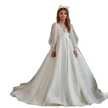  White Illusion Long Sleeves Flower Girl Dresses Elegant Bling Sequins Applique Wedding Party Children Gown платье для девочки