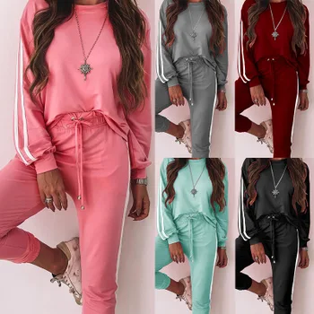  Moda 2 Adet Kadın Sonbahar Takım Elbise Düz Renk Standı Yaka Uzun Kollu Üst + İpli Kravat Bel rahat pantolon Spor Takımları için