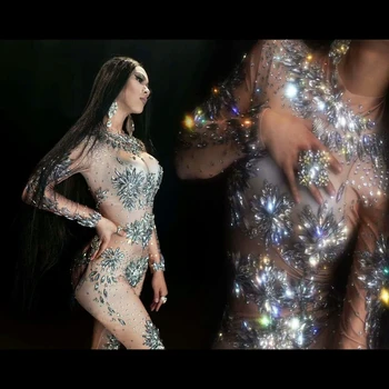  Moda Taklidi Tulum Kristaller Mesh See Through Bodysuit Kadın Sahne Performansı Dans Tulum Net İplik Seksi gece elbisesi