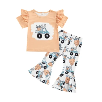  Lioraitiin 1-6years ToddlerBabyGirl 2 Adet Paskalya Kıyafetleri Havuç Baskı Ruffled kısa Kollu tişört Çan Dipleri