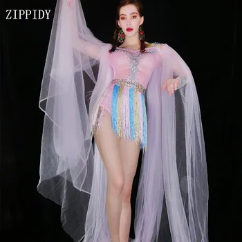  2019 Renkli Saçaklar Rhinestones Bodysuit Uzun Örgü Pelerin Sahne dans kostümü Gece Kulübü Dans Kadın Şarkıcı Gösterisi Leotard