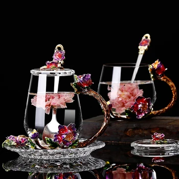 Kırmızı Çiçek Emaye cam kahve kupalar çay kupalar El Yapımı ısıya dayanıklı gözlük su Bardağı drinkware sevgilisi hediye Öğleden Sonra çay fincanı