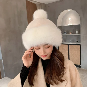  Kadın Taklit Kürk Sevimli Ponpon Rüzgar Kar Şapka Sonbahar Kış Faux Fox Kürk Sıcak Kız Kasketleri Kadın Şapka Açık Korumak Kulak