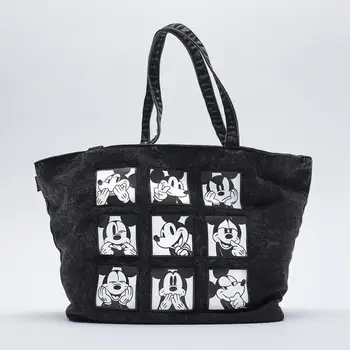  Disney Yeni Kız omuzdan askili çanta Siyah Mickey Mouse Büyük kapasiteli Tek omuz alışveriş çantası Çanta Kanvas Çanta
