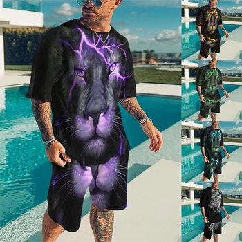  Yeni erkek tişört Takım Elbise Aslan Kral 3D Baskı Yaz Büyük Boy Streetwear Gevşek Hızlı Kuru 2 Parça Spor