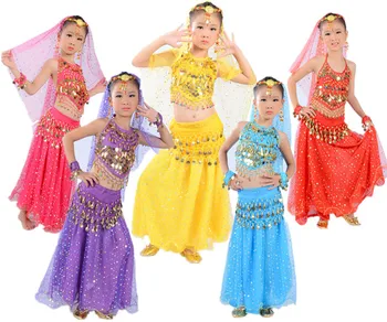  Çocuk Kız Sarı Mavi gül Kırmızı Oryantal Dans Oryantal Dans Giyim Oryantal Dans Elbise Oryantal Dans Elbise tüm setleri Çocuklar İçin