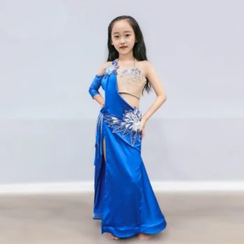  Yeni stil Mavi renk oryantal dans kostümü Çocuklar Güzel çocuk Oryantal Dans Performansı Giyim Sutyen + uzun Etek Dans Giyim Kızlar